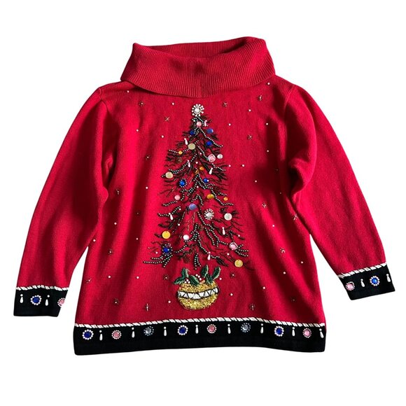 Victoria Jones Womens 1X Red Embellished Ugly Christmas Tree Sweater /Cowl Neck - Picture 1 of 11